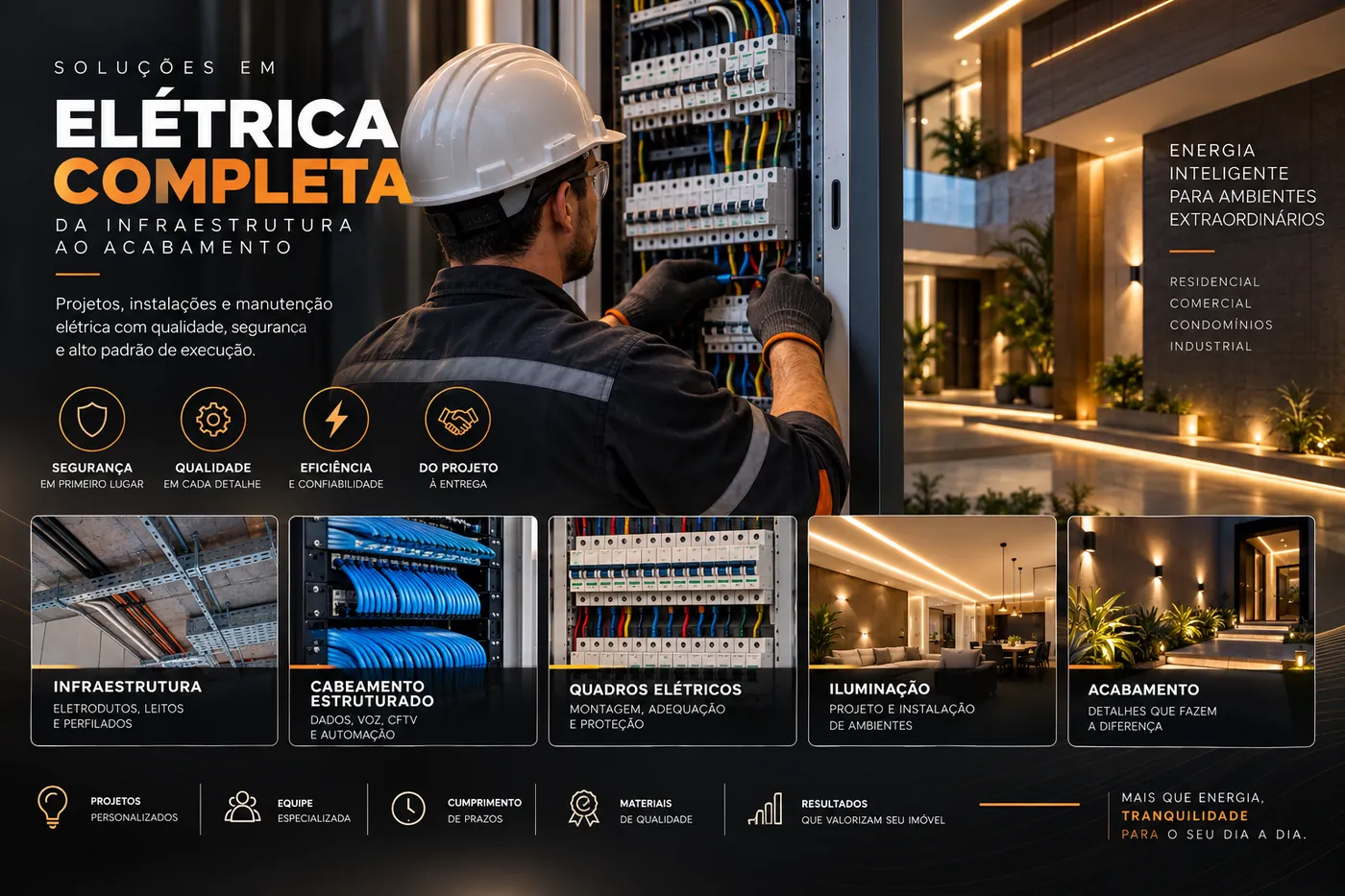 Elétrica completa: infraestrutura, cabeamento estruturado, quadros elétricos, iluminação e acabamento