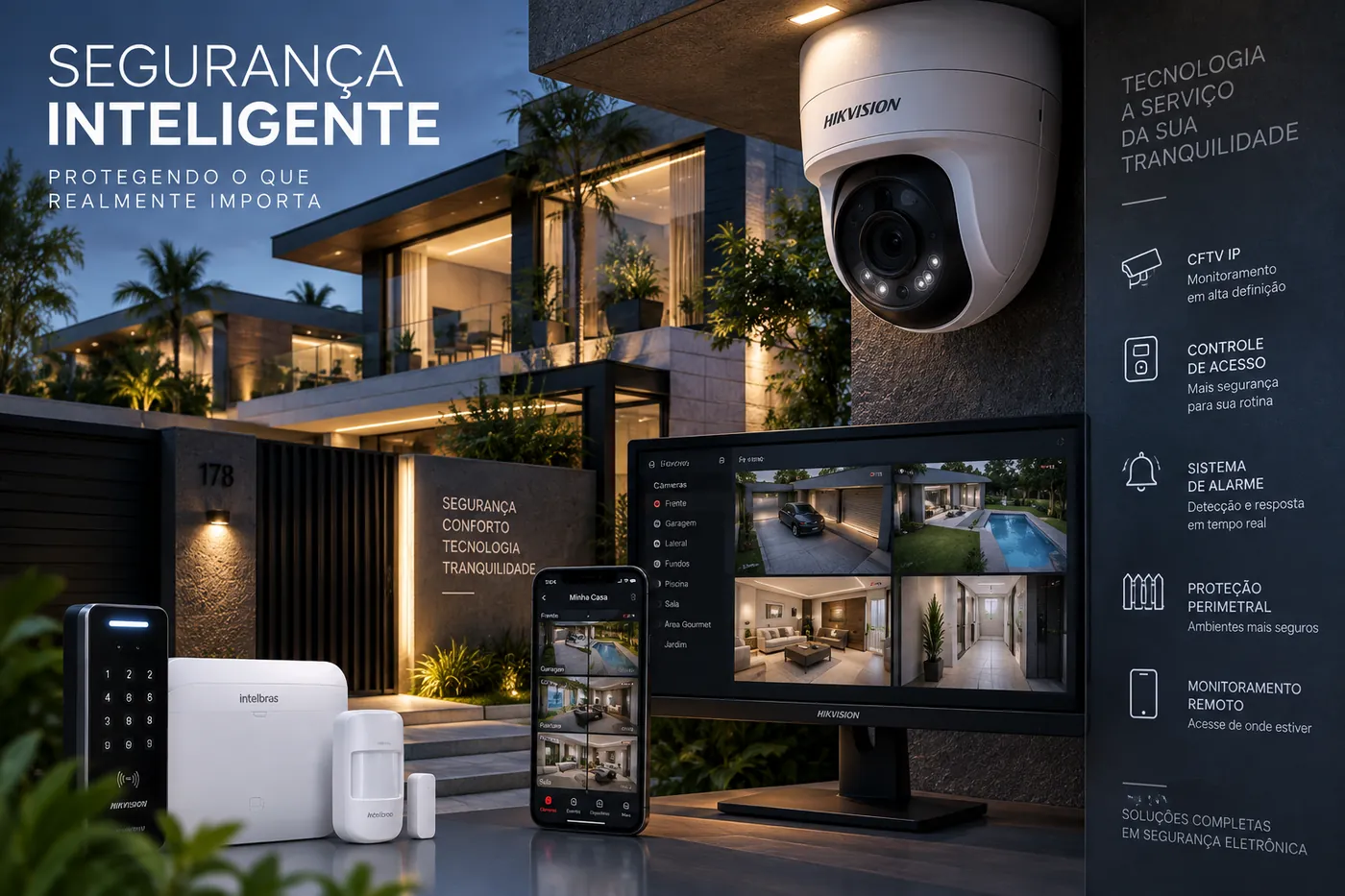 Segurança inteligente: CFTV IP, controle de acesso, alarme, proteção perimetral e monitoramento remoto