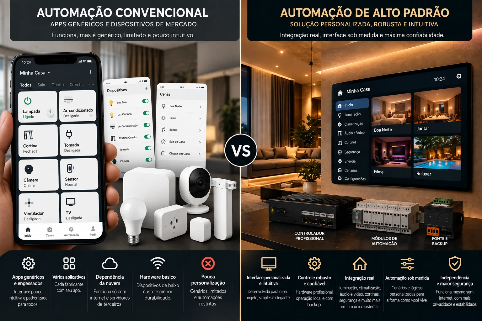 Comparativo: automação convencional com apps genéricos e dispositivos de mercado versus automação de alto padrão com interface personalizada, controlador profissional e integração real